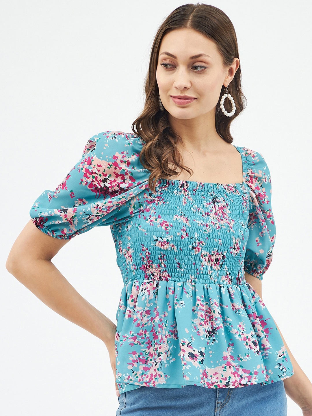

Harpa Blue Floral Printed Smocked Peplum Top