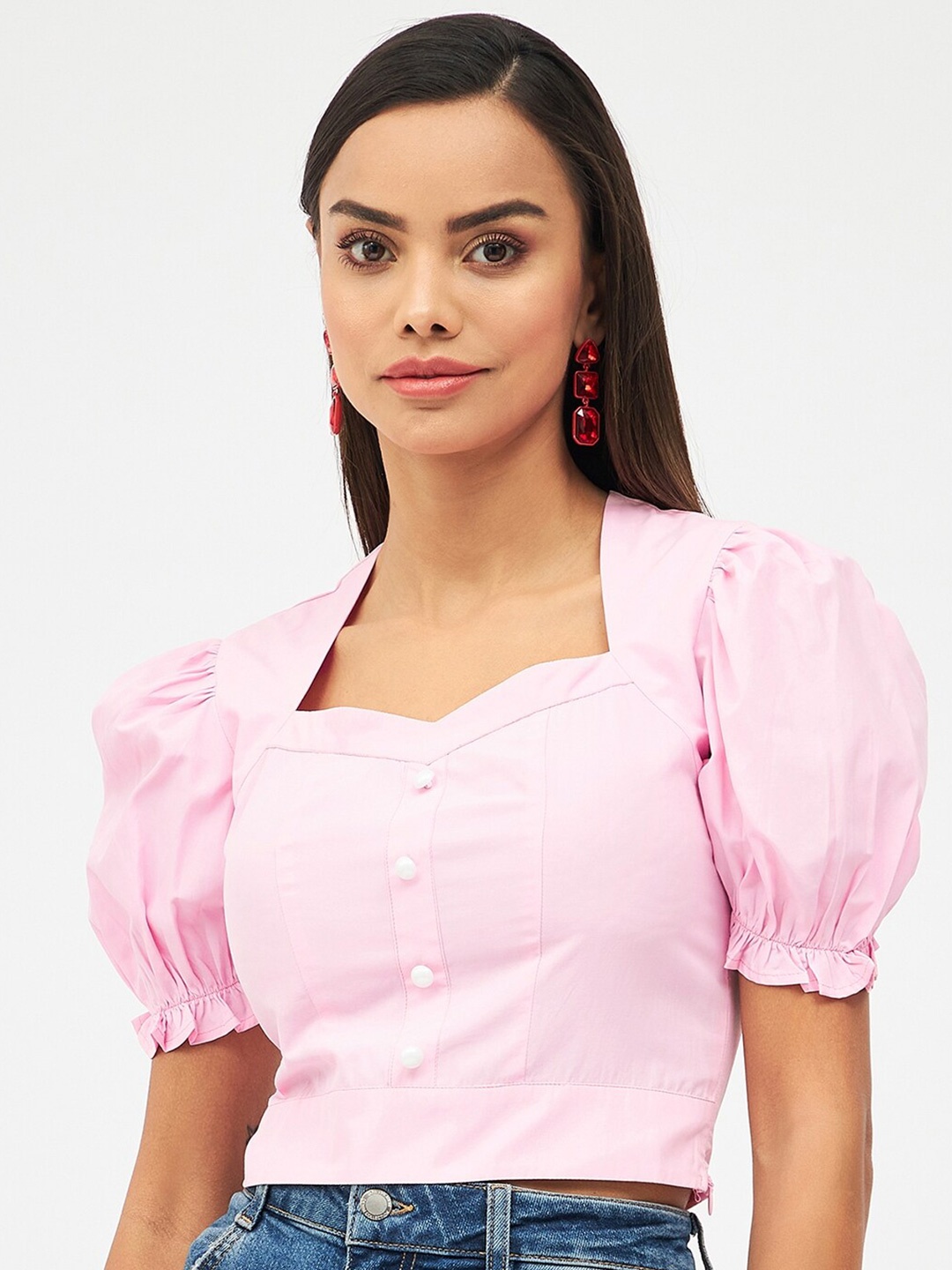 

Harpa Puffed Sleeves Smocked Cotton Crop Top, Pink