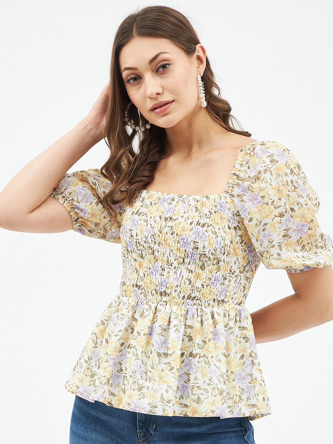 

Harpa Floral Printed Smocked Cinched Waist Top, Yellow