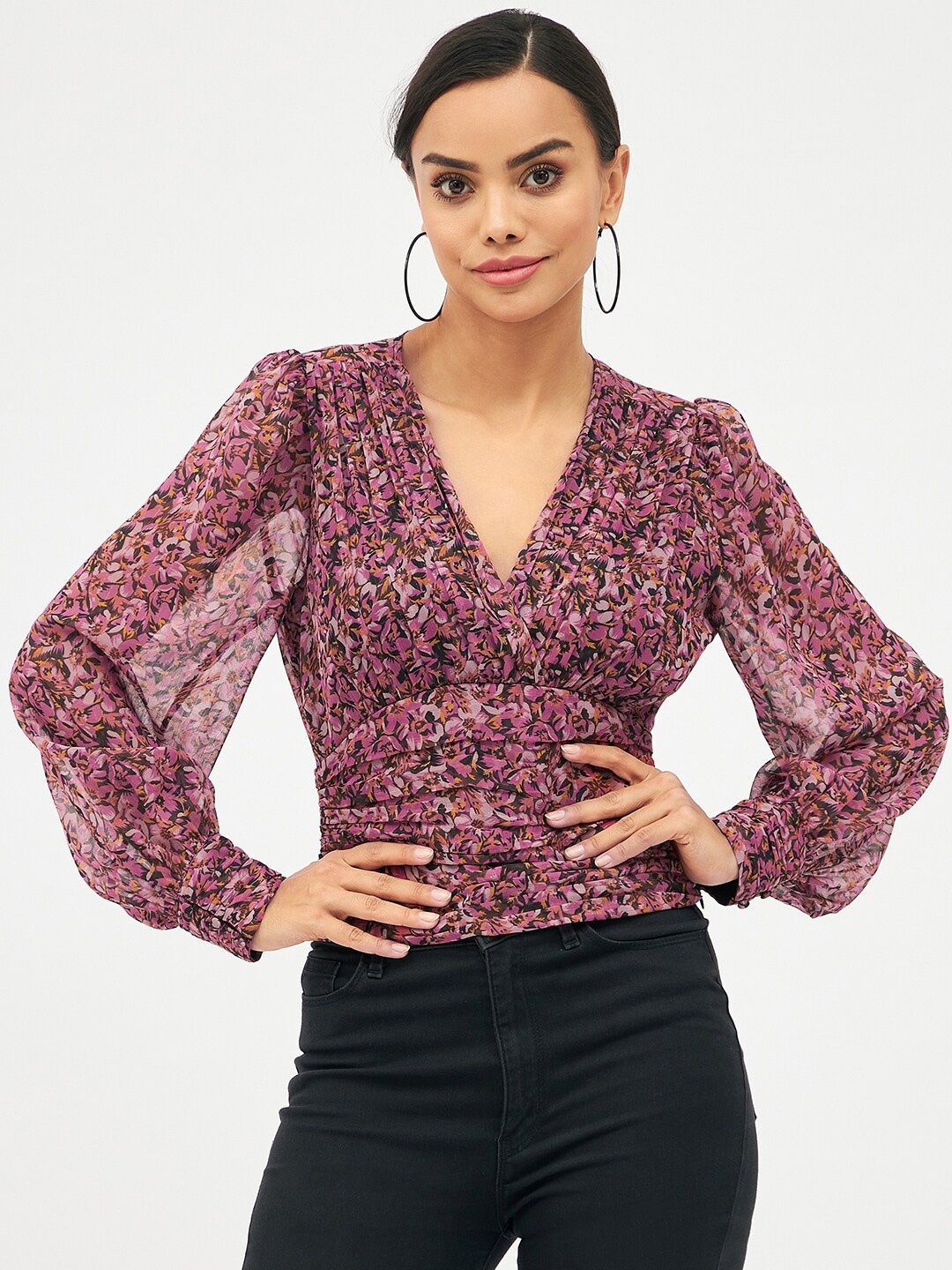 

Harpa Floral Printed Chiffon V-Neck Crop Blouson Top, Pink