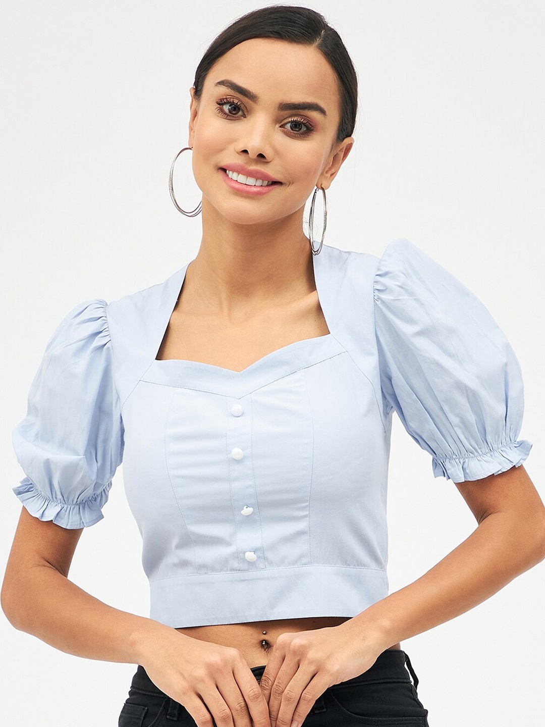 

Harpa Sweetheart Neck Shirt Style Cotton Crop Top, Blue