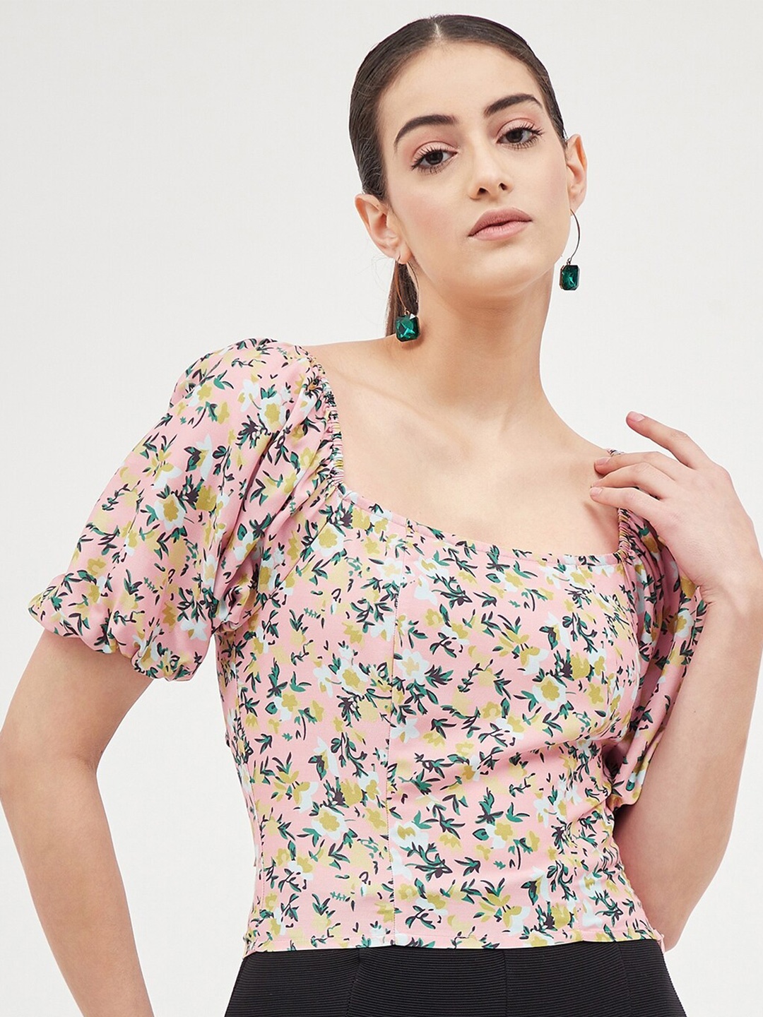 

Harpa Floral Printed Puff Sleeves Styled Back Top, Pink