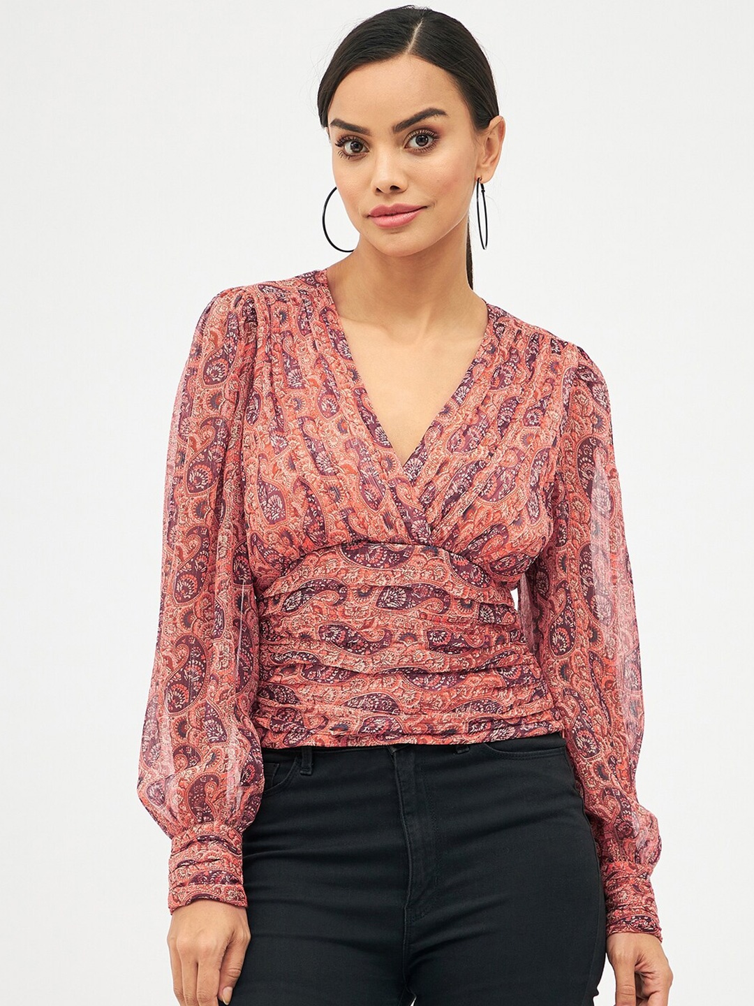 

Harpa Ethnic Motifs Printed Chiffon Gathered Wrap Top, Rust