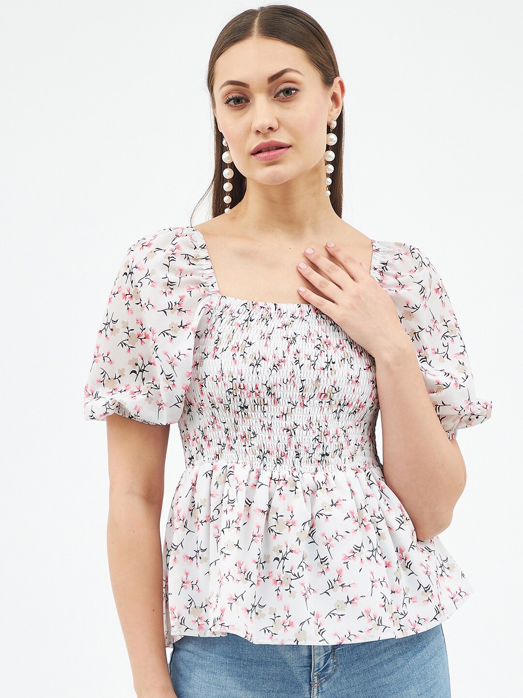 

Harpa Floral Printed Square Neck Smocked Georgette Cinched Waist Top, White