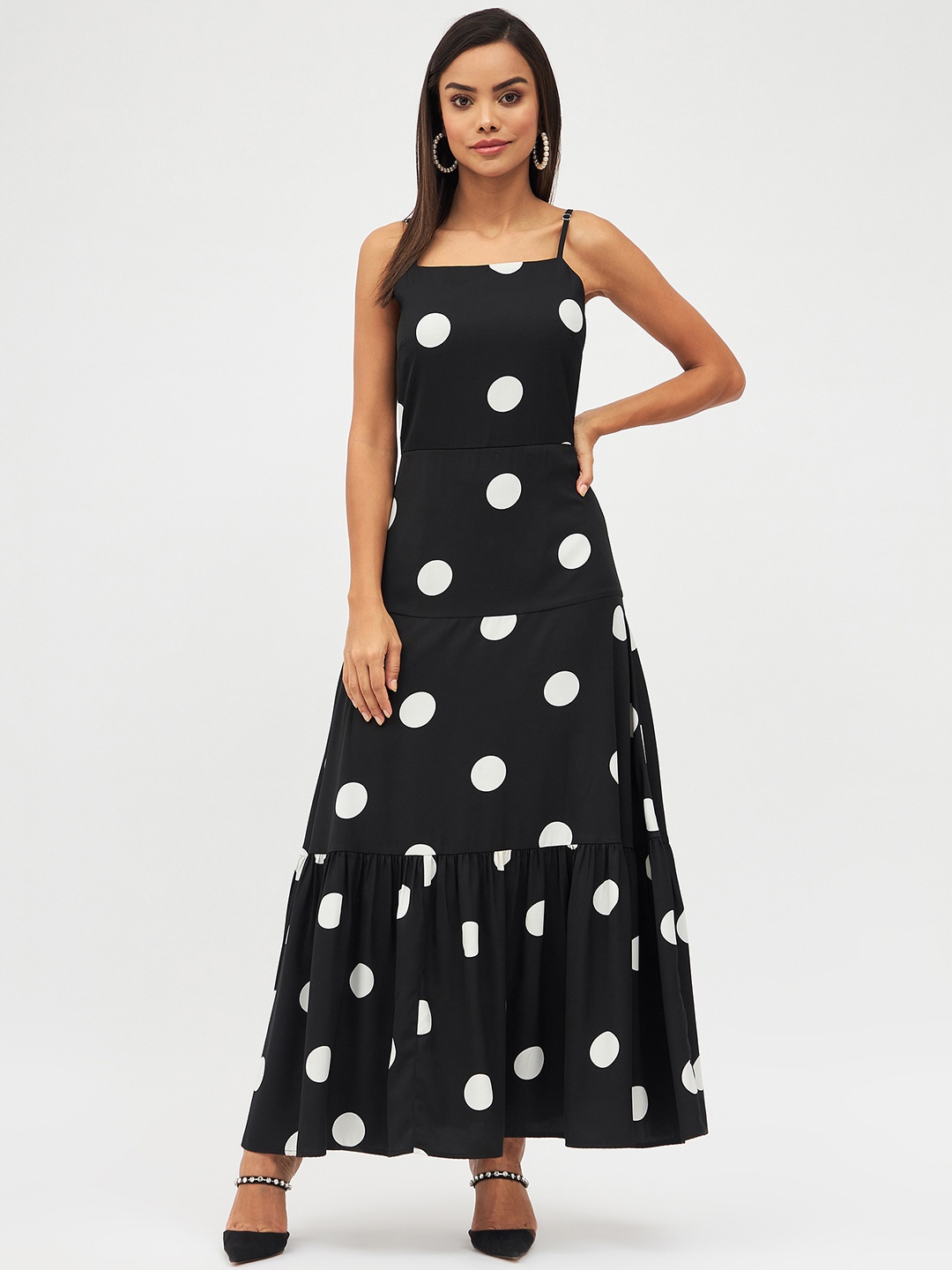 

Harpa Polka Dot Shoulder Strap Tiered Maxi Dress, Black