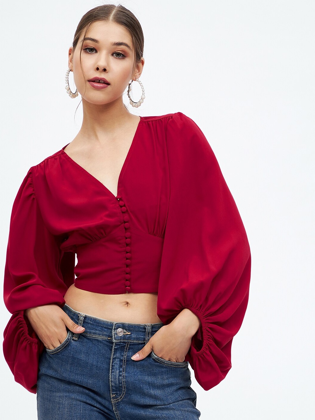 

Harpa V Neck Puff Sleeves Crop Top, Maroon