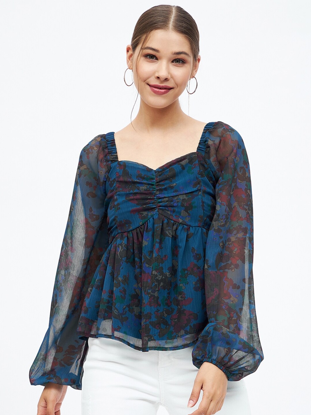 

Harpa Floral Printed Sweetheart Neck Gathered Ruched Chiffon Empire Top, Navy blue