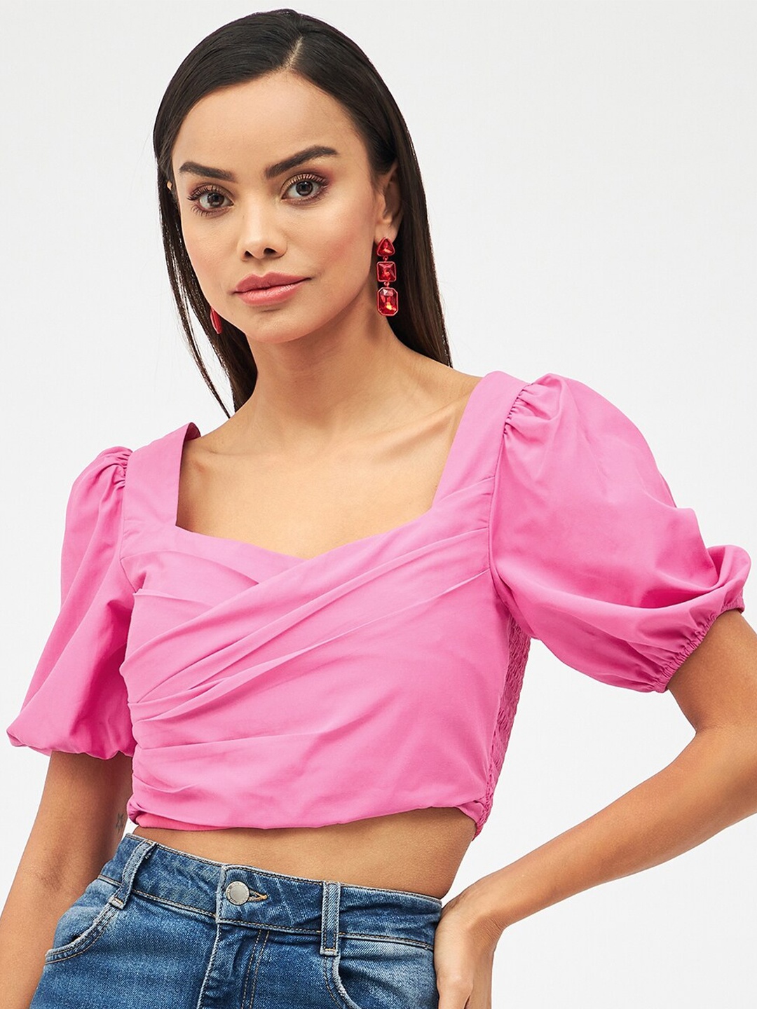 

Harpa Puff Sleeves Smocked Cotton Crop Top, Pink