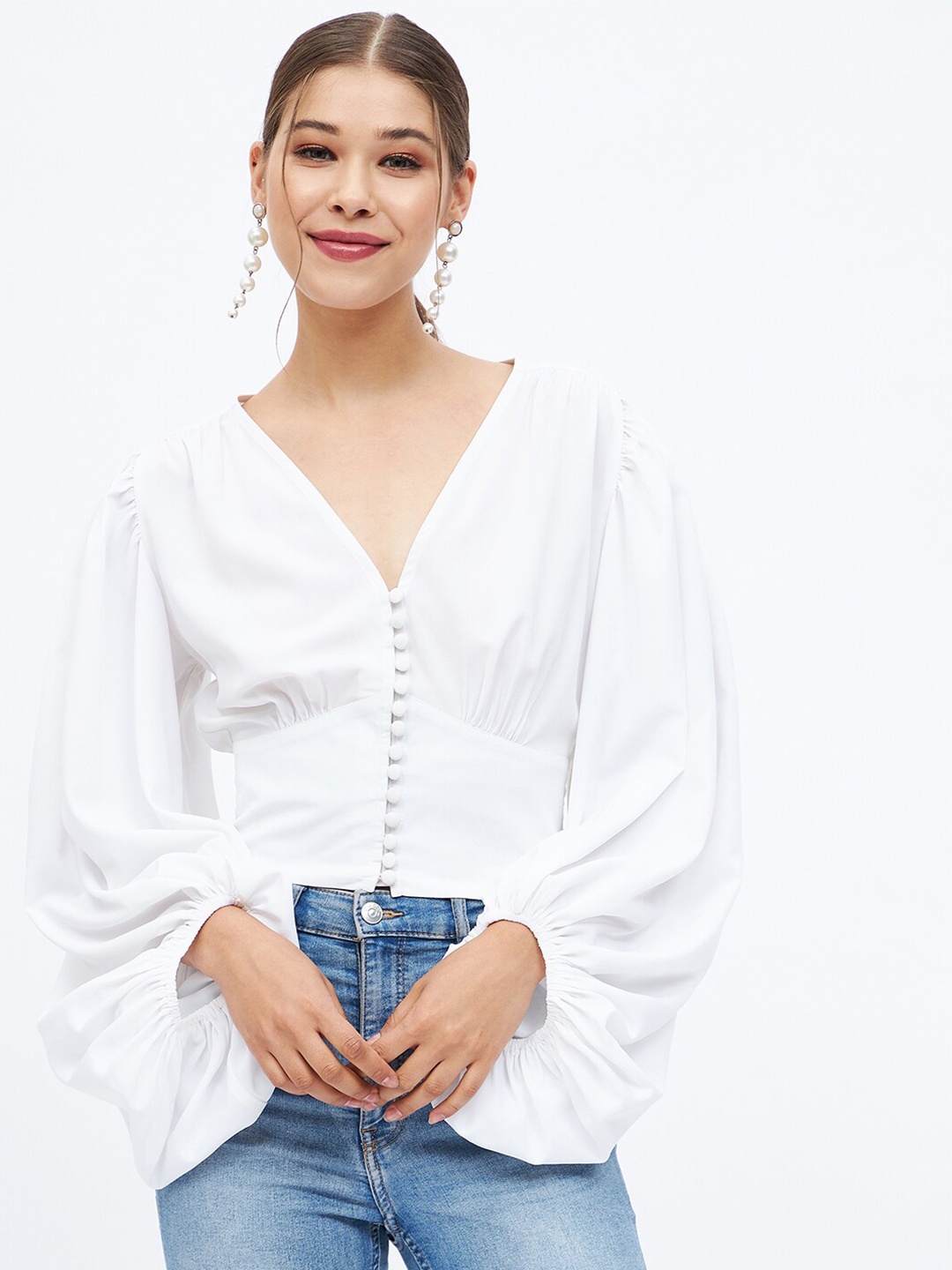 

Harpa Puff Sleeves V-Neck Empire Top, White