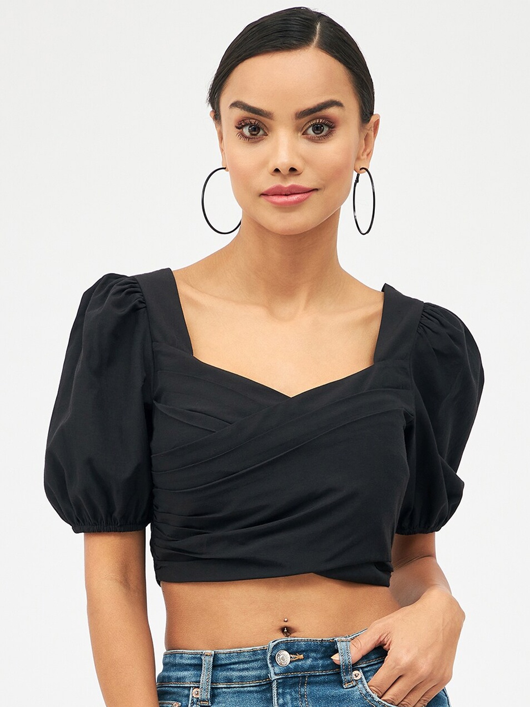 

Harpa Sweetheart Neck Cotton Crop Top, Black