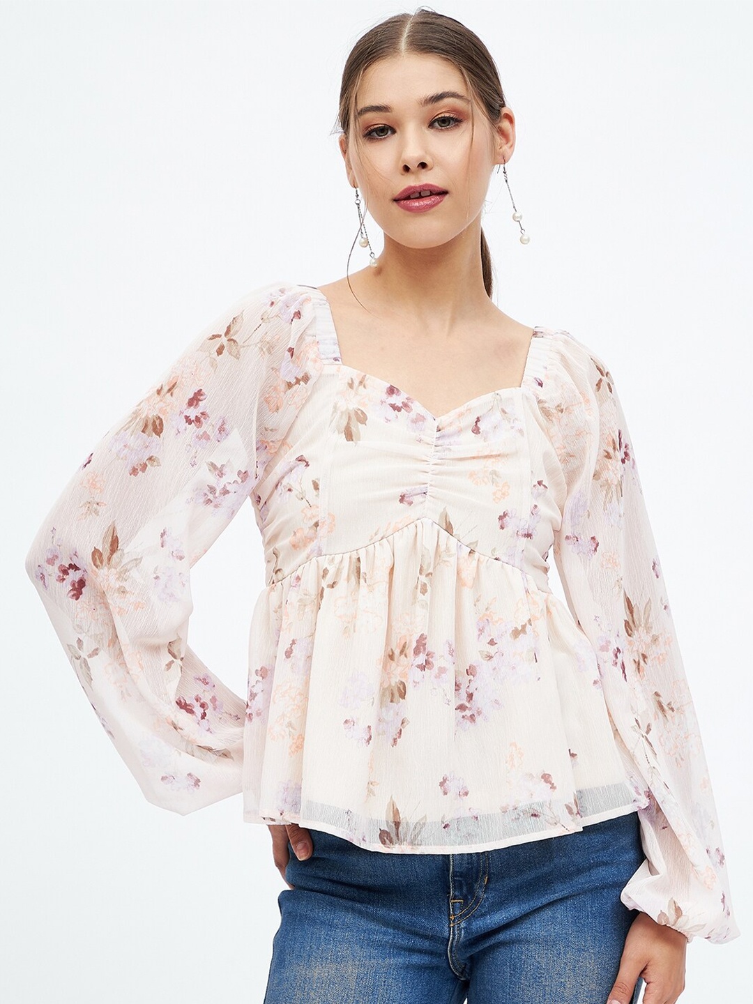 

Harpa Sweetheart Neck Floral Print Chiffon Empire Top, Cream