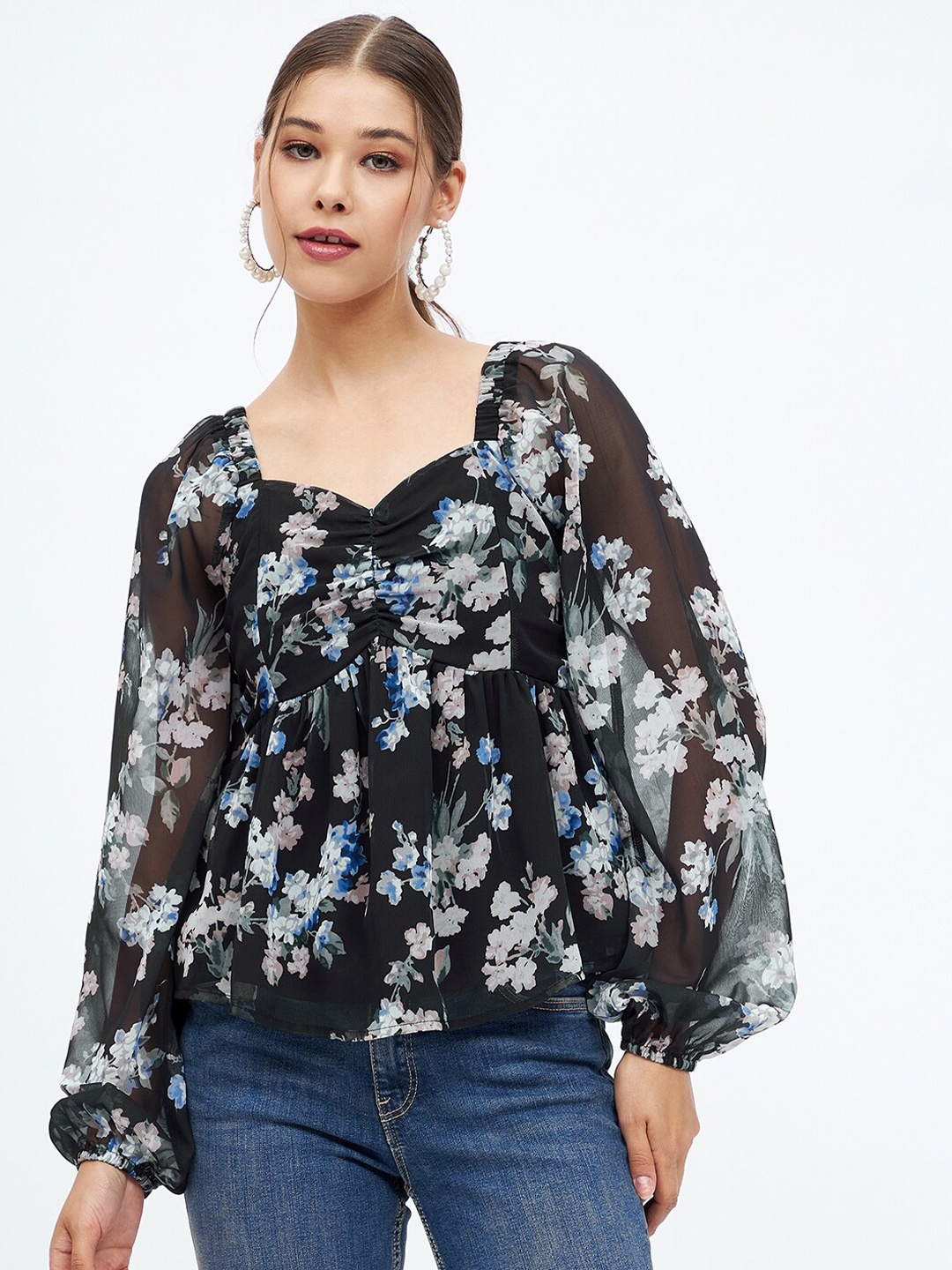 

Harpa Sweetheart Neck Floral Print Chiffon Empire Top, Black