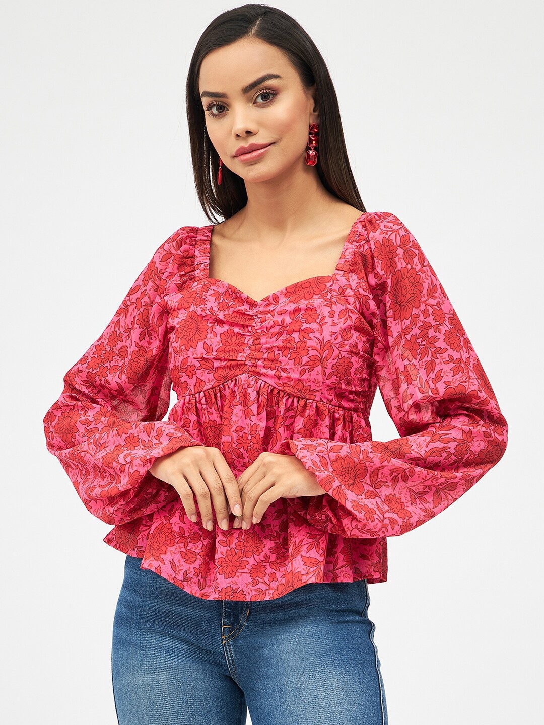 

Harpa Floral Print Sweet Heart Neck Empire Top, Pink