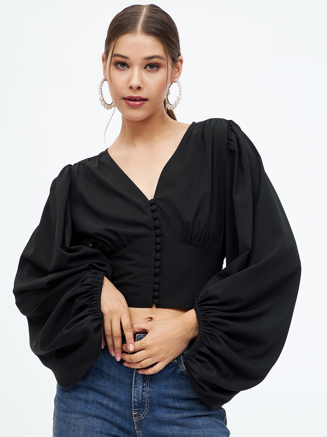 

Harpa Gathered Long Bishop Sleeves V-Neck Crop Top, Black