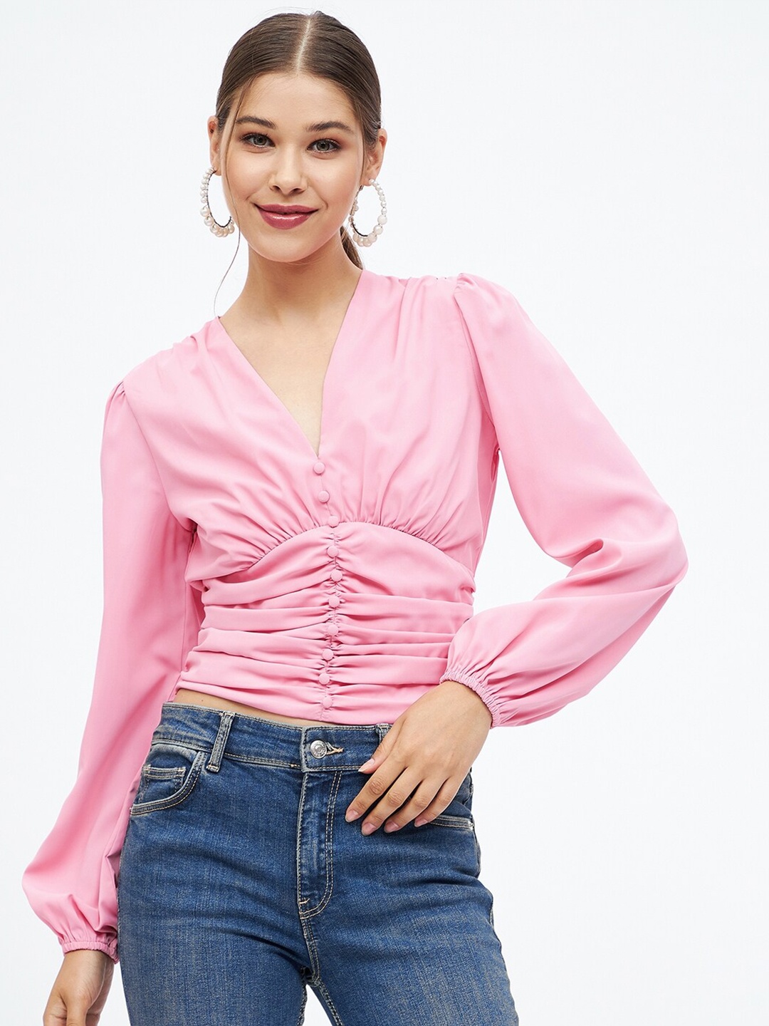 

Harpa Gathered Cinched Waist Crop Top, Pink