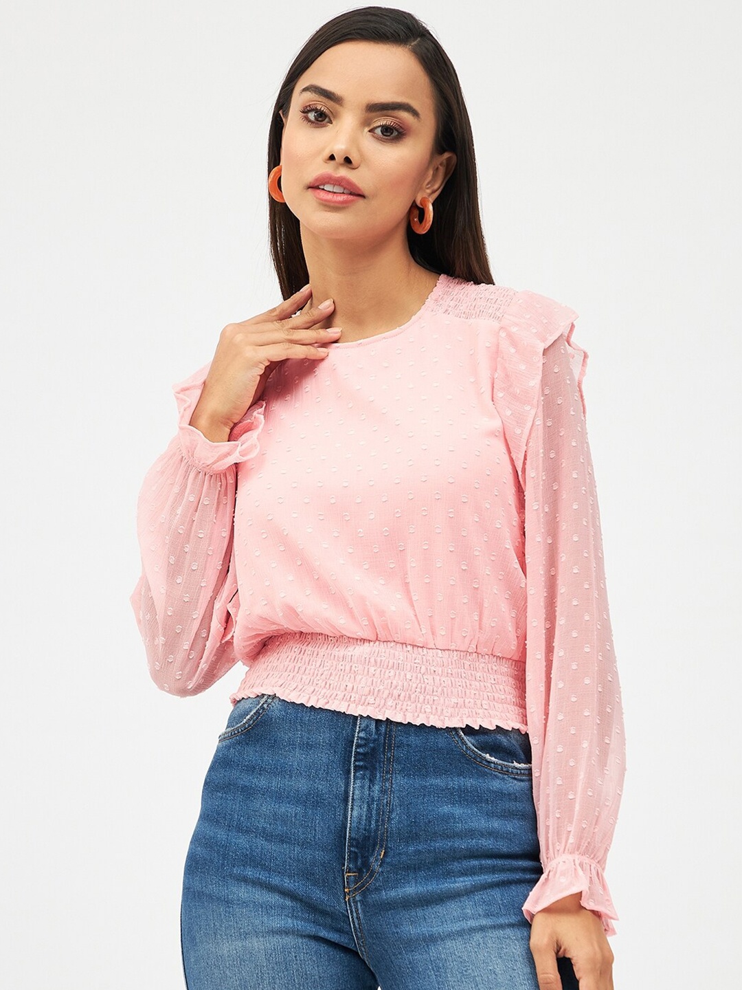 

Harpa Self Design Smocked Ruffles Blouson Top, Pink