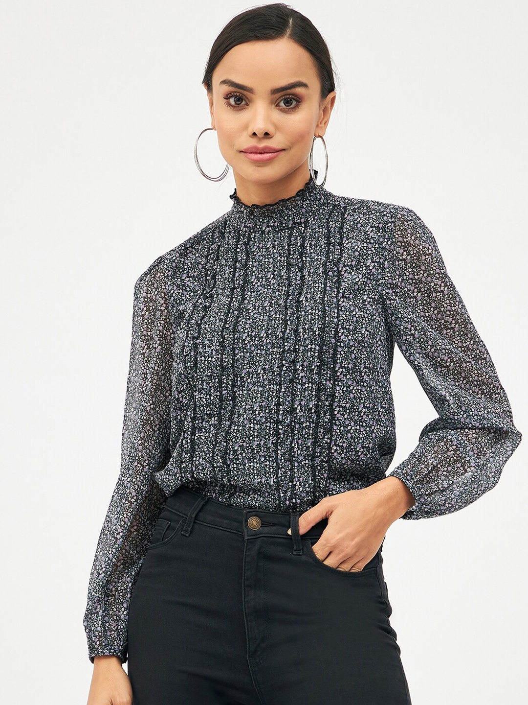 

Harpa High Neck Puff Sleeves Abstract Print Top, Black