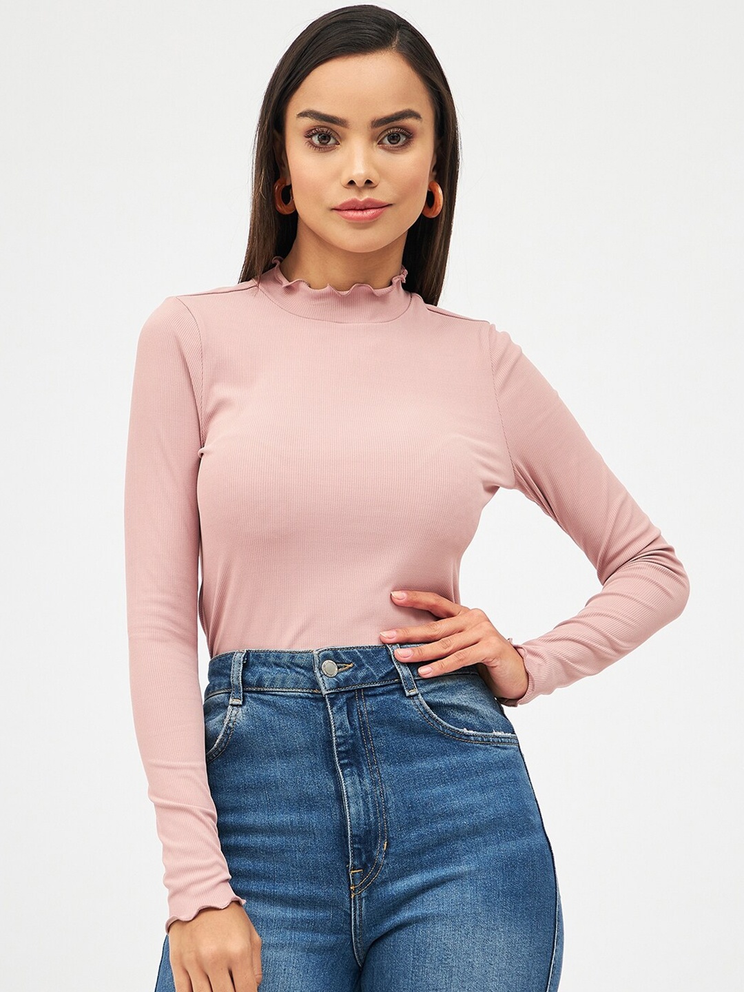 

Harpa Long Sleeves High Neck Fitted Top, Pink