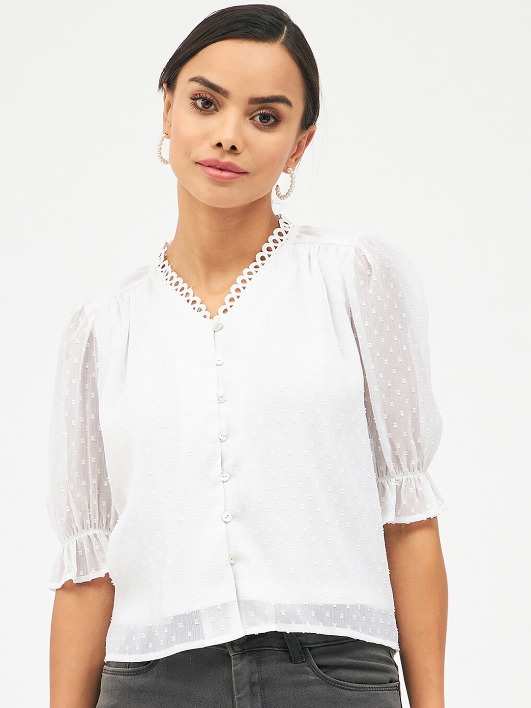 

Harpa Puff Sleeves Chiffon Shirt Style Top, White