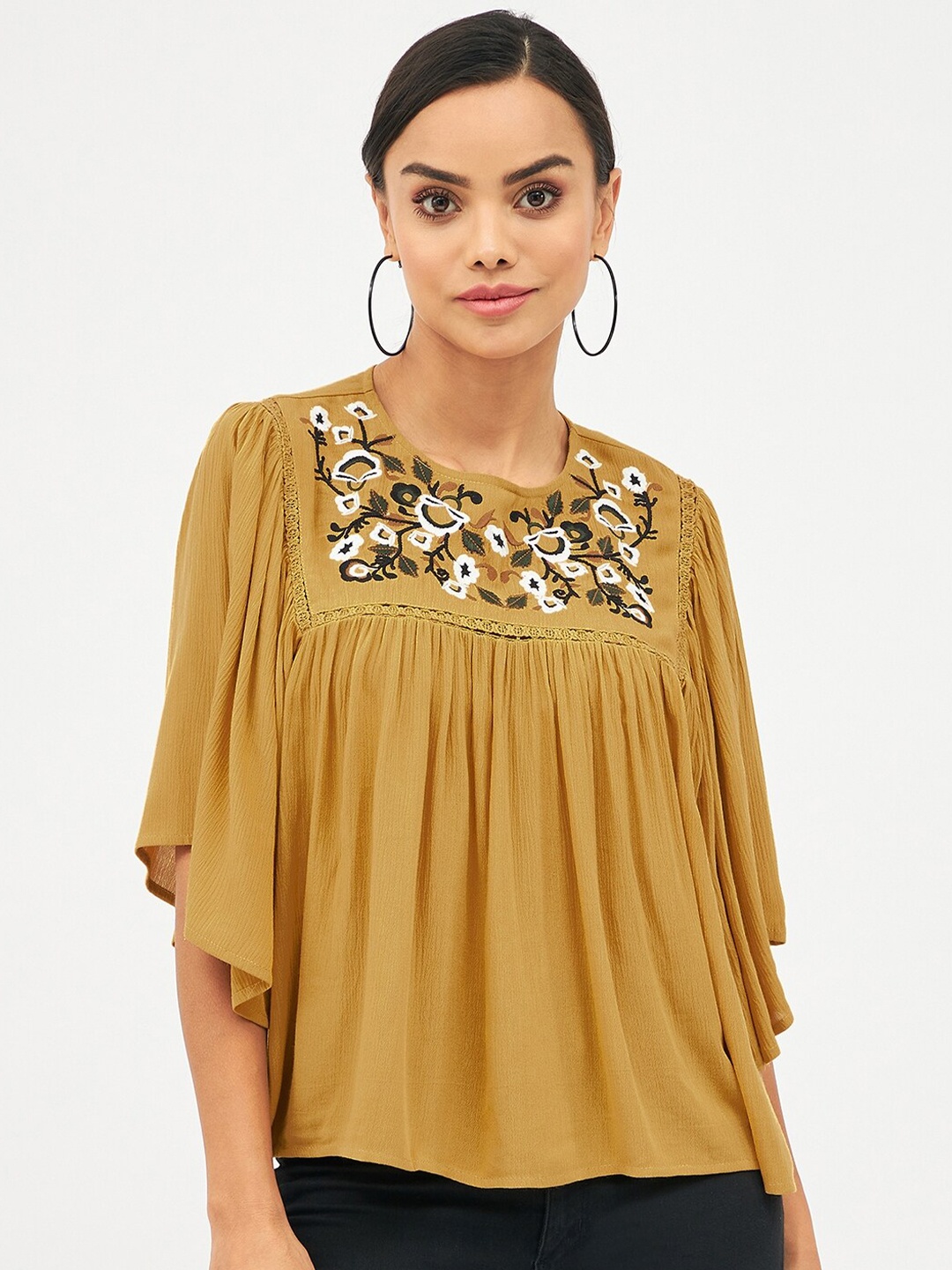 

Harpa Floral Embroidered Empire Top, Mustard