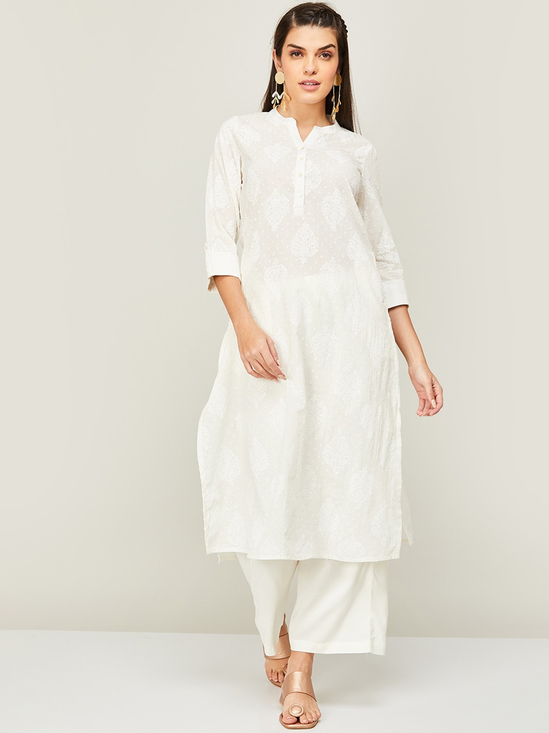 

Melange by Lifestyle Mandarin Collar Ethnic Motifs Printed Straight Cotton Kurta, Off white