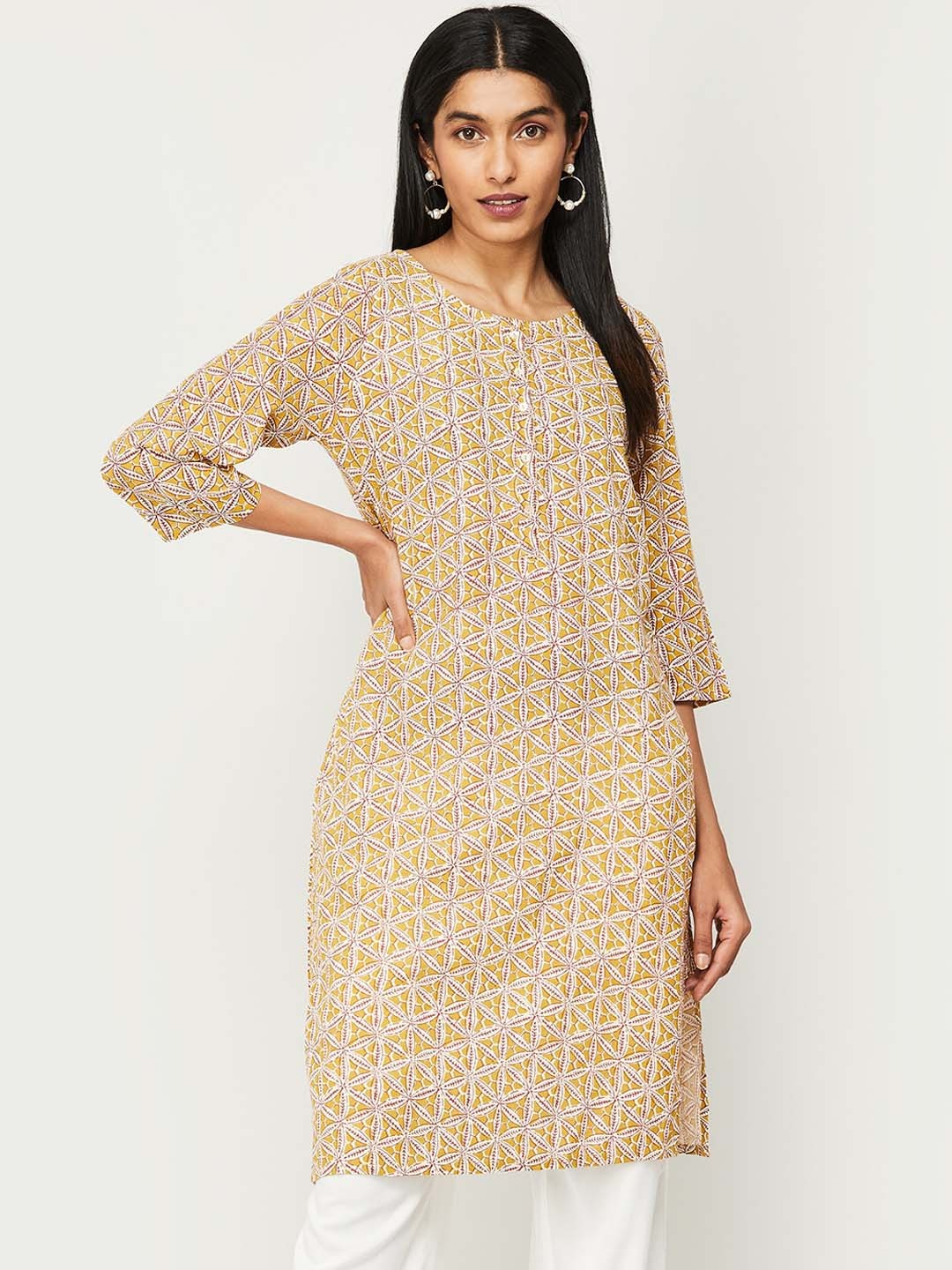

Melange by Lifestyle Floral Printed Mirror Work Kurta, Mustard