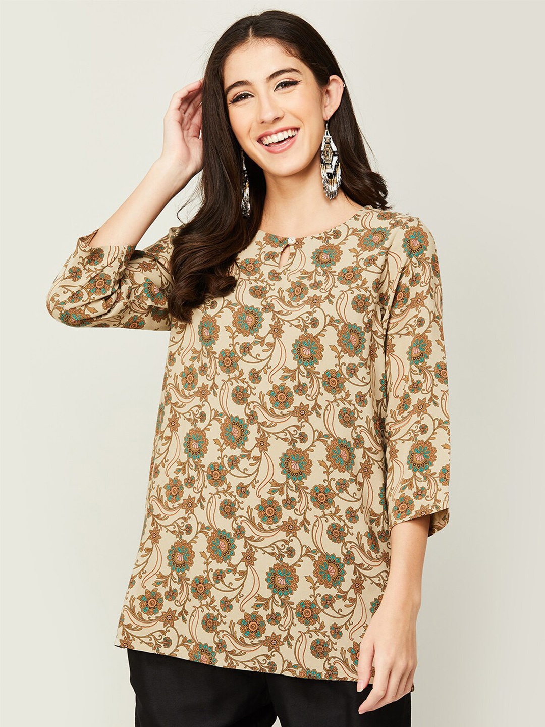 

Melange by Lifestyle Floral Printed Keyhole Neck Viscose Rayon Kurti, Beige