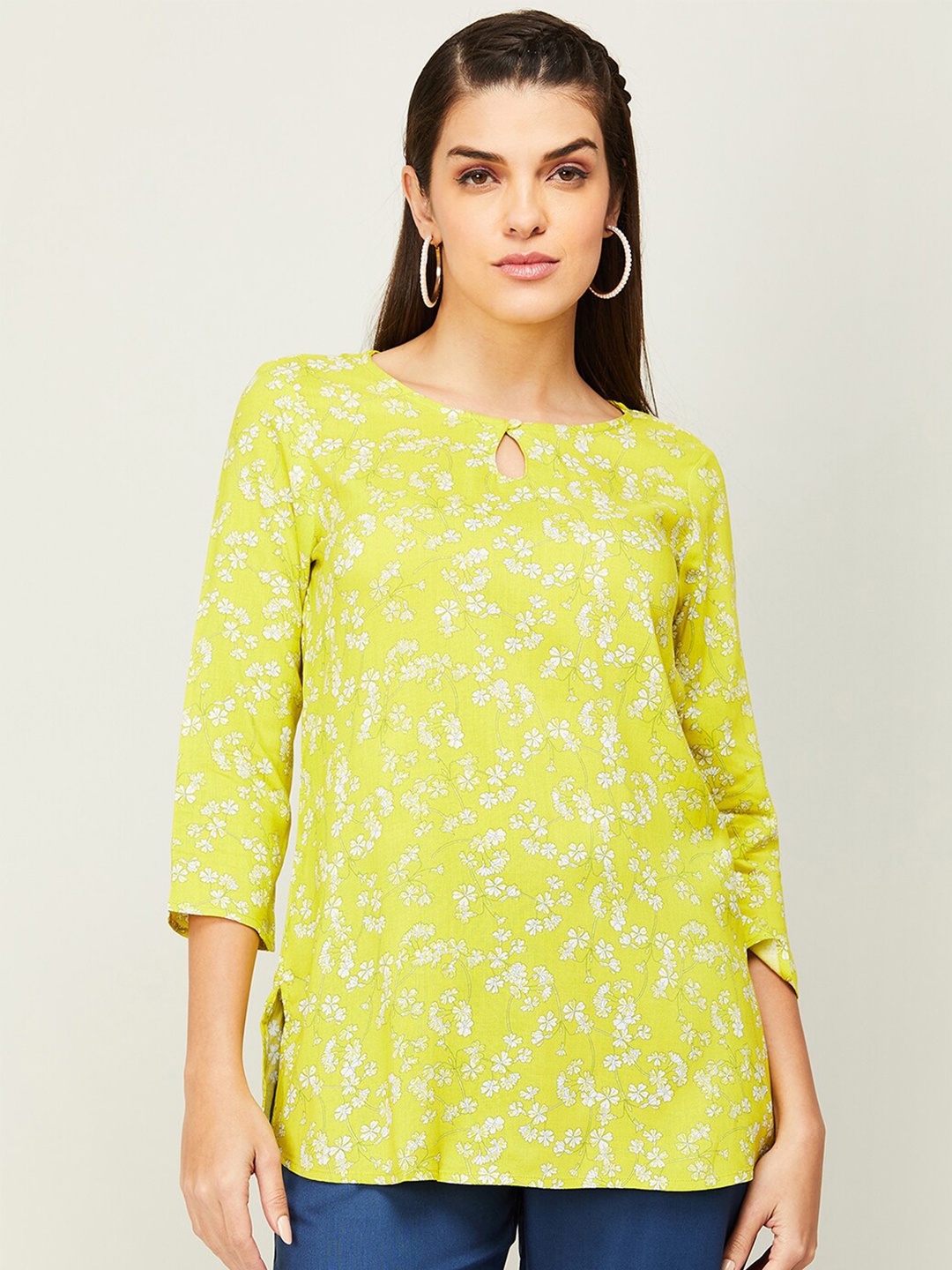 

Melange by Lifestyle Floral Printed Keyhole Neck Straight Kurti, Yellow