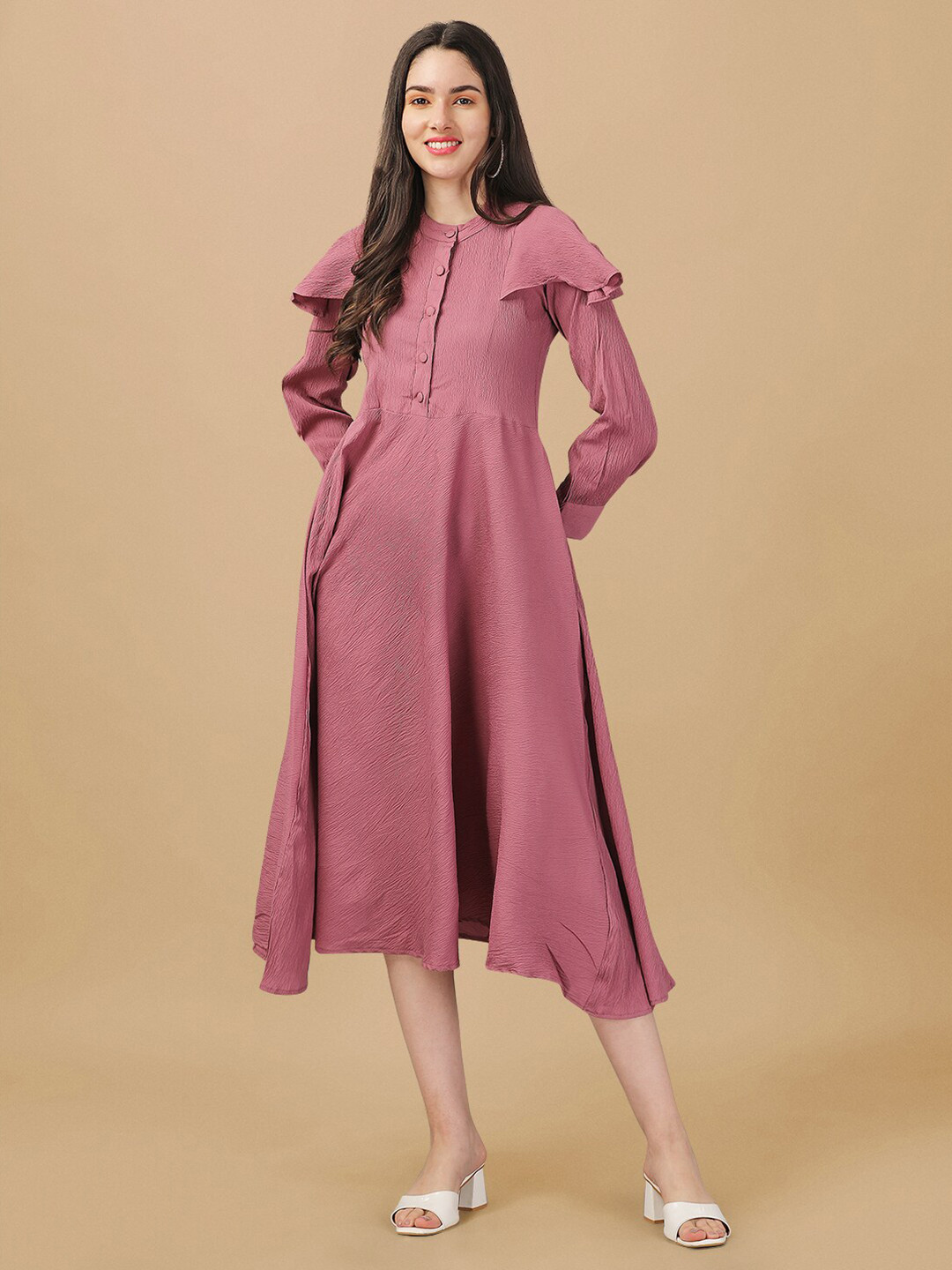 

Urban Luxe Band Collar Cuffed Sleeves A-Line Midi Dress, Pink