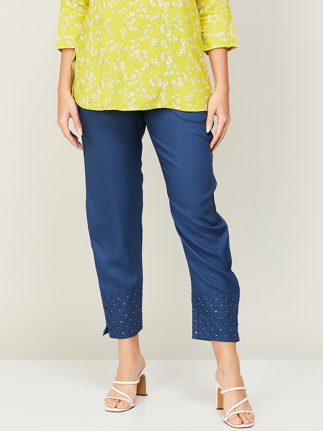 

Melange by Lifestyle Women Mid-Rise Regular Fit Cropped Trousers, Blue