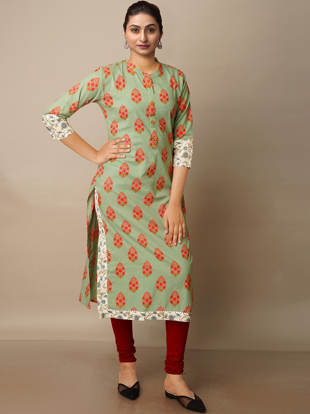 Unnati Silks Floral Printed Band Collar Handloom Cotton Kurta, Green