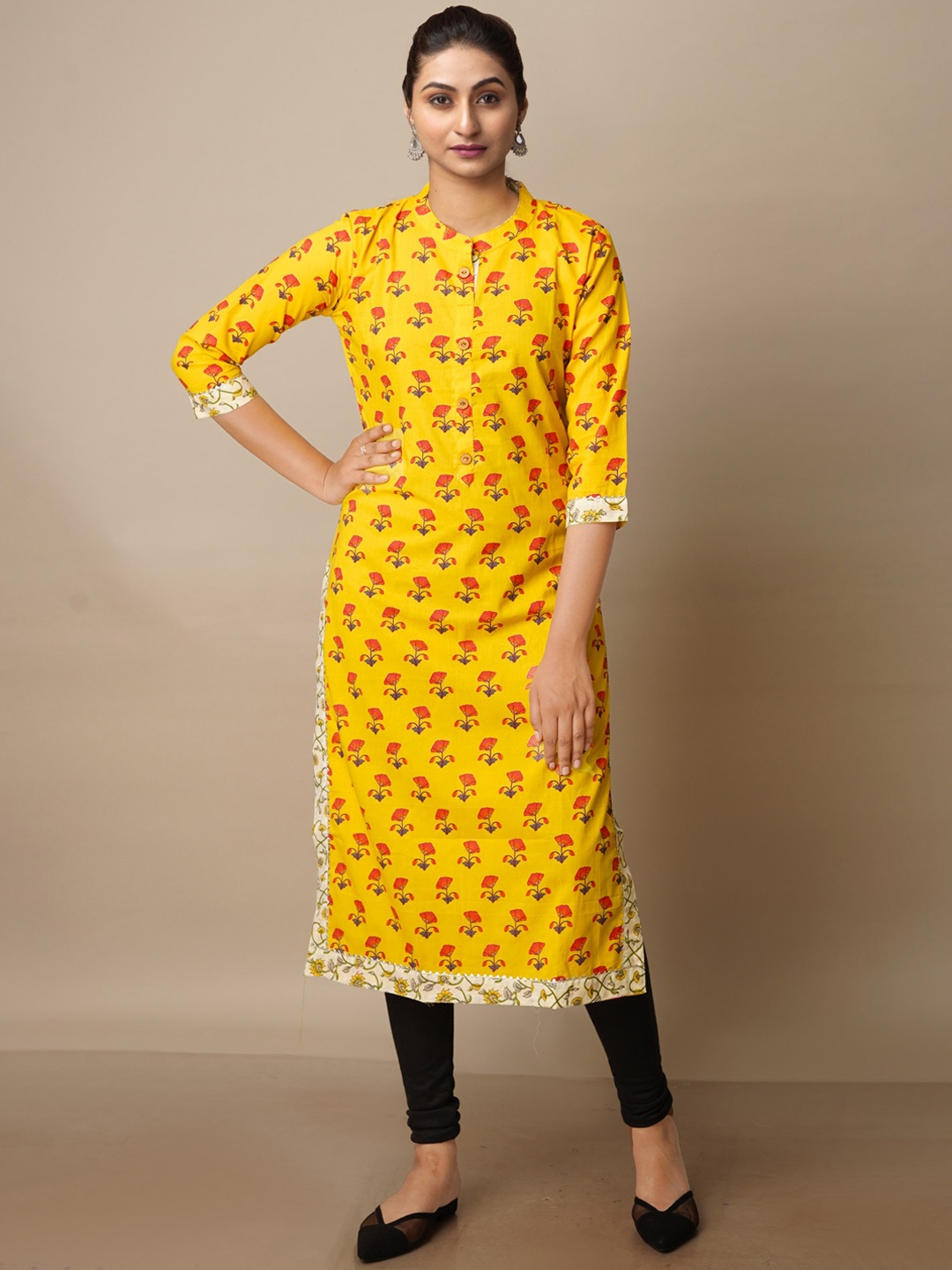 

Unnati Silks Floral Printed Band Collar Cotton Kurta, Yellow