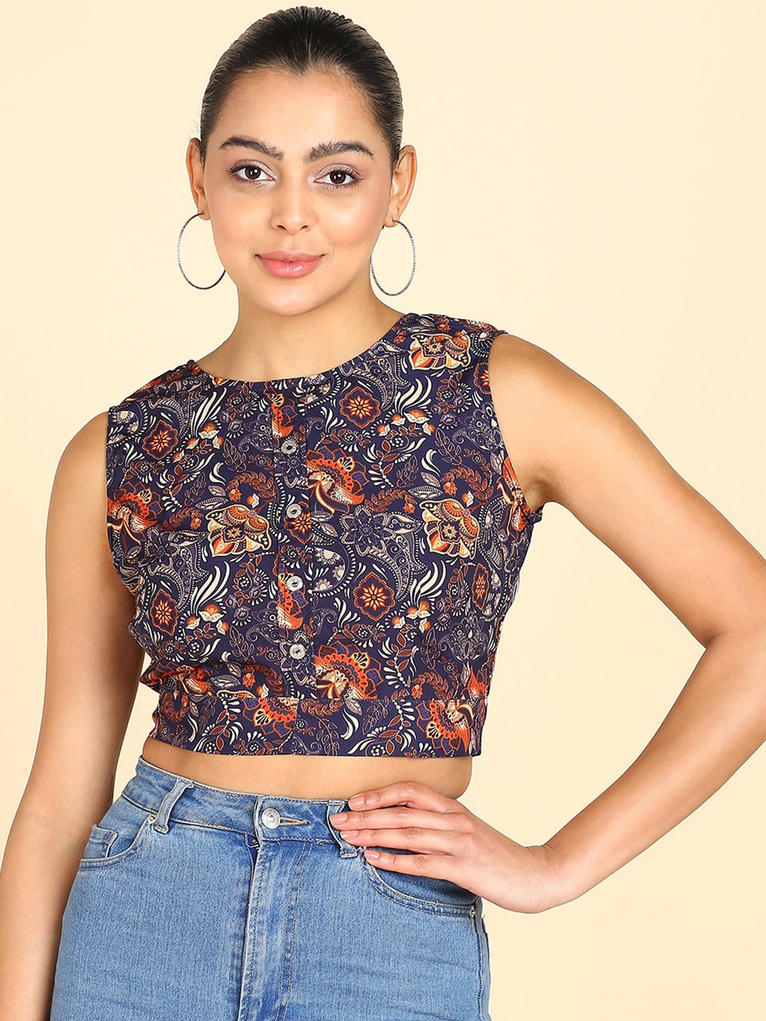 

ZNX Clothing Ethnic Motif Printed Styled Back Crop Top, Blue