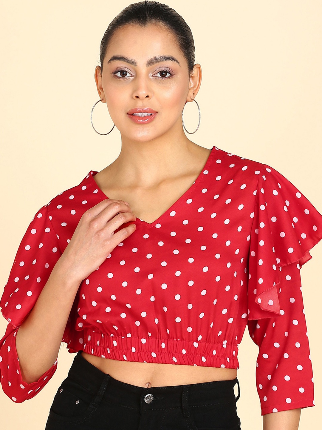 

ZNX Clothing Polka Dots Printed Ruffles Blouson Crop Top, Red