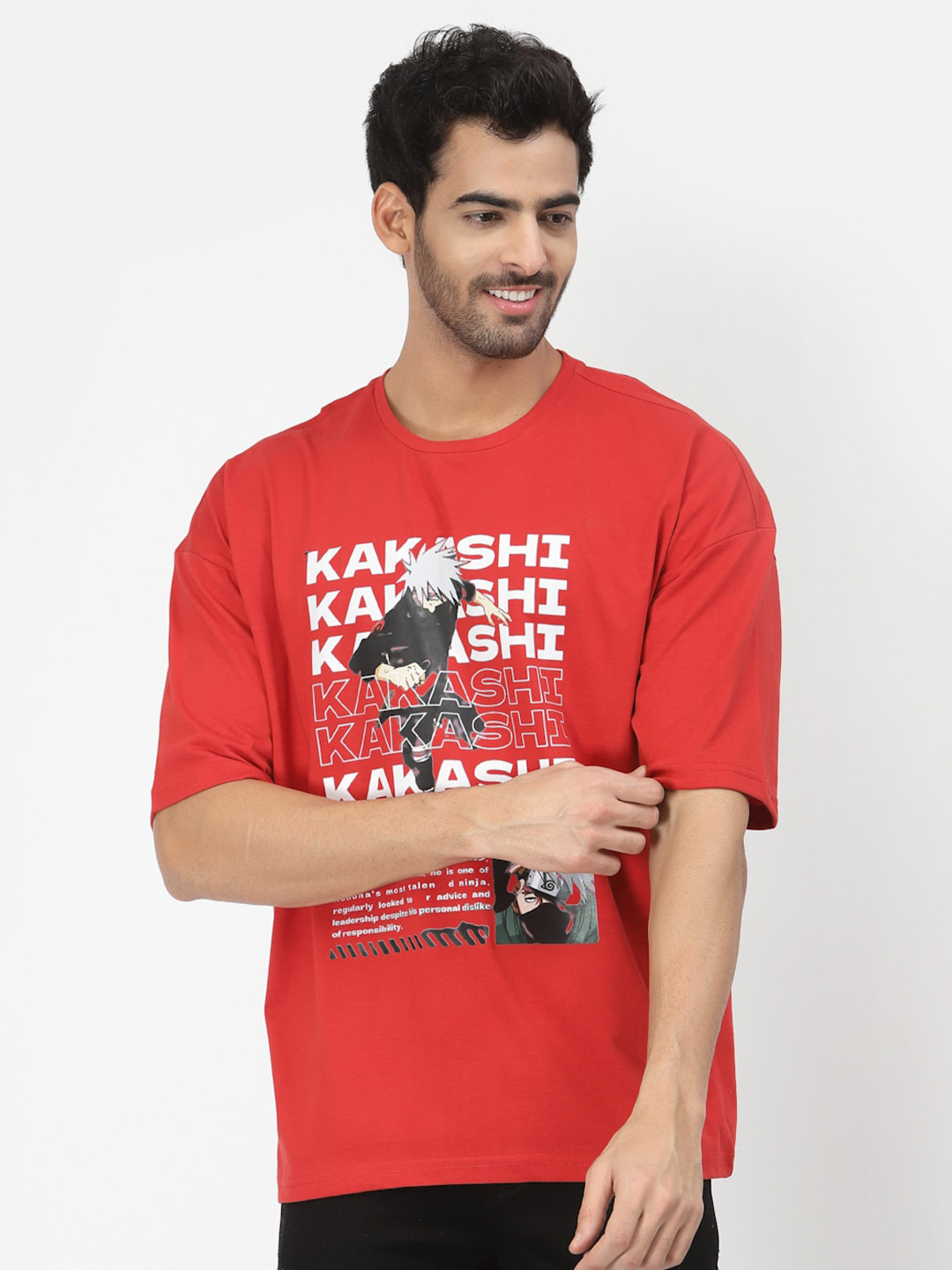 

PAUSE SPORT Kakashi Naruto Printed Drop-Shoulder Sleeves Cotton T-shirt, Black
