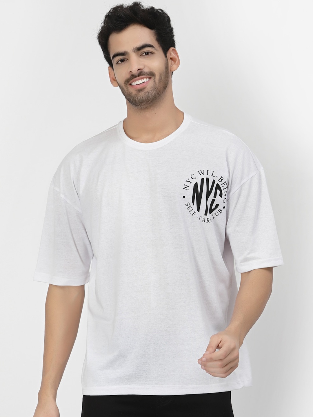 

PAUSE SPORT Typography Printed Drop Shoulder Sleeves Cotton T-shirt, White