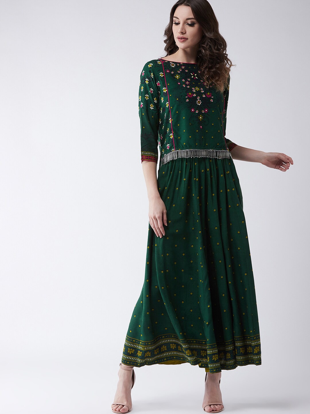 

Pannkh Women Printed High-Low Top with Palazzos Co-Ords Set, Green