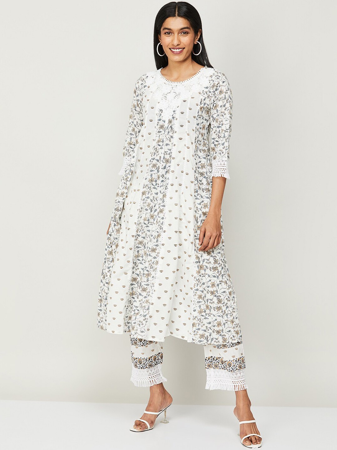 

Melange by Lifestyle Women Floral Printed Panelled Pure Cotton Kurta With Trouser, Off white
