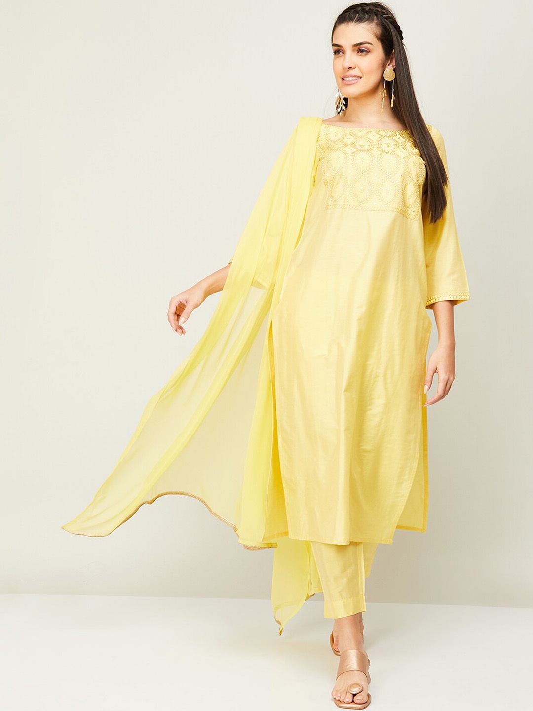 

Melange by Lifestyle Women Floral Yoke Design Boat Neck Kurta With Trousers & Dupatta, Yellow