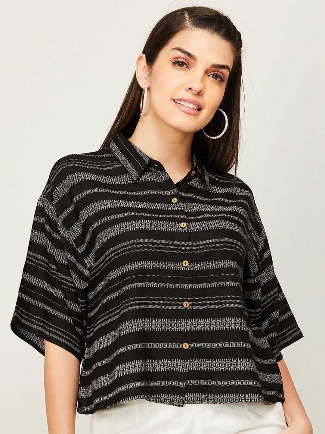 

Melange by Lifestyle Striped Shirt Collar Drop-Shoulder Sleeves Top, Black