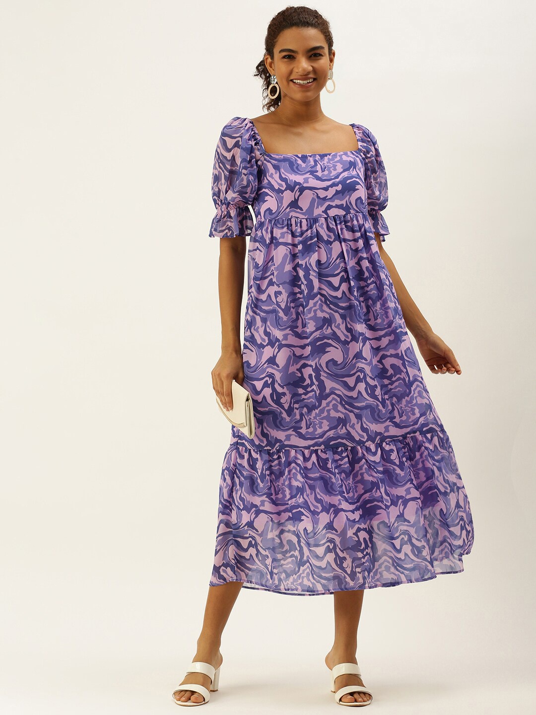 

Sangria Abstract Printed Square Neck Puff Sleeves A-Line Dress, Lavender