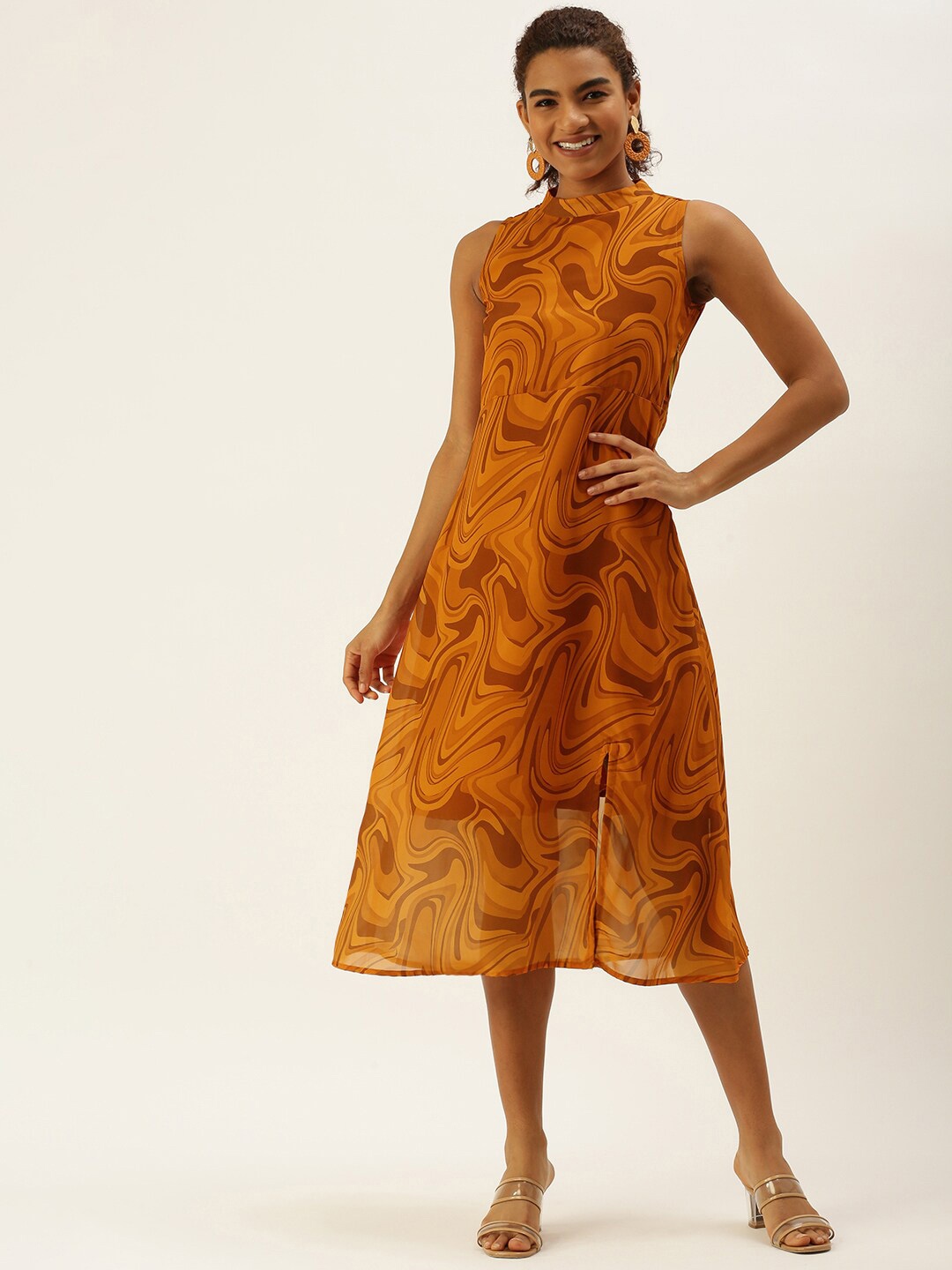 

Sangria Abstract Printed Mock Neck A-Line Midi Dress, Orange