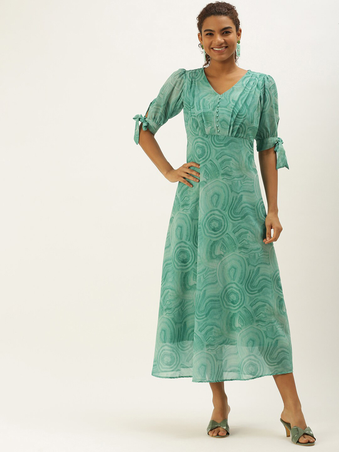 

Sangria Abstract Printed V Neck Puff Sleeve Tie Up Detailed Dress, Sea green