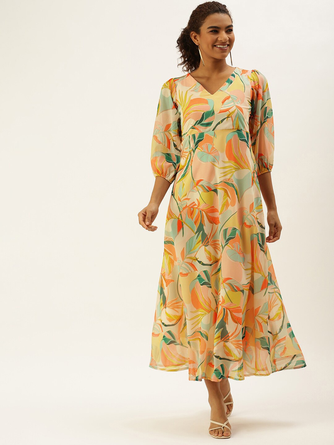 

Sangria Tropical Printed Puff Sleeves V-Neck Maxi Fit & Flare Dress, Peach