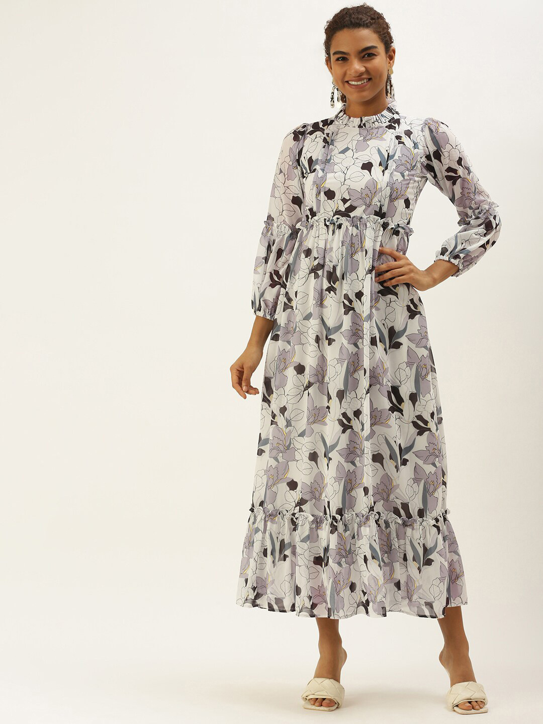 

Sangria Floral Printed Puff Sleeves A-Line Maxi Dress, White