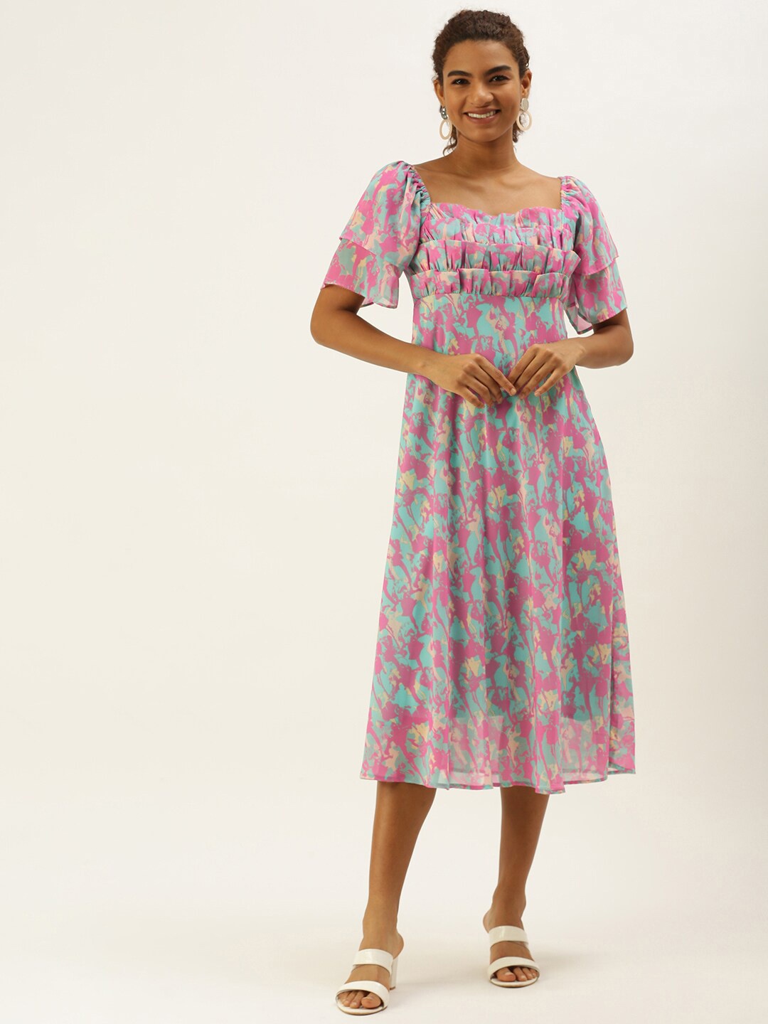

Sangria Flared Sleeves Abstract Printed A-Line Shaped Midi Dress, Blue