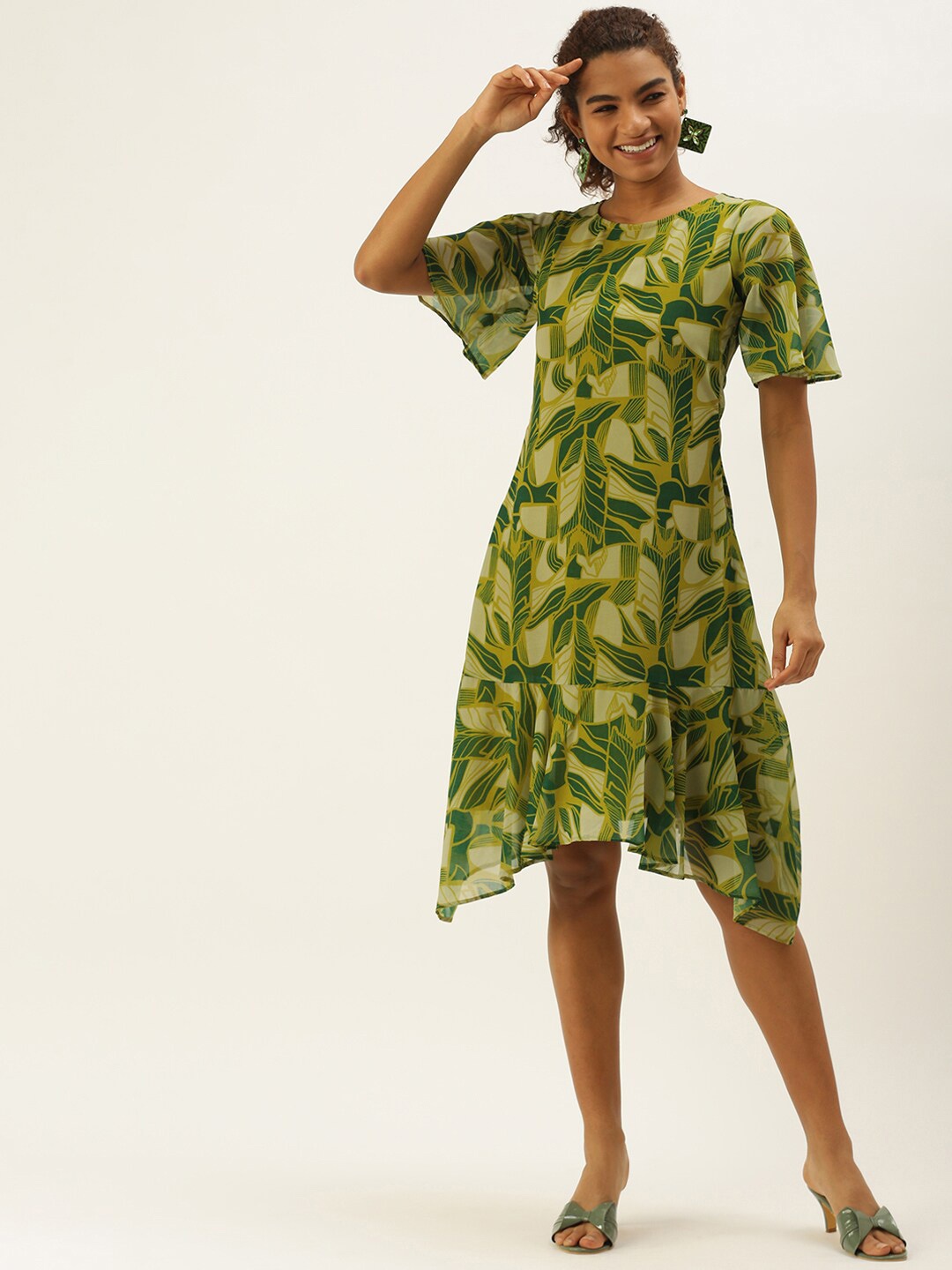

Sangria Asymmetric Hem Abstract Printed A-Line Dress, Green