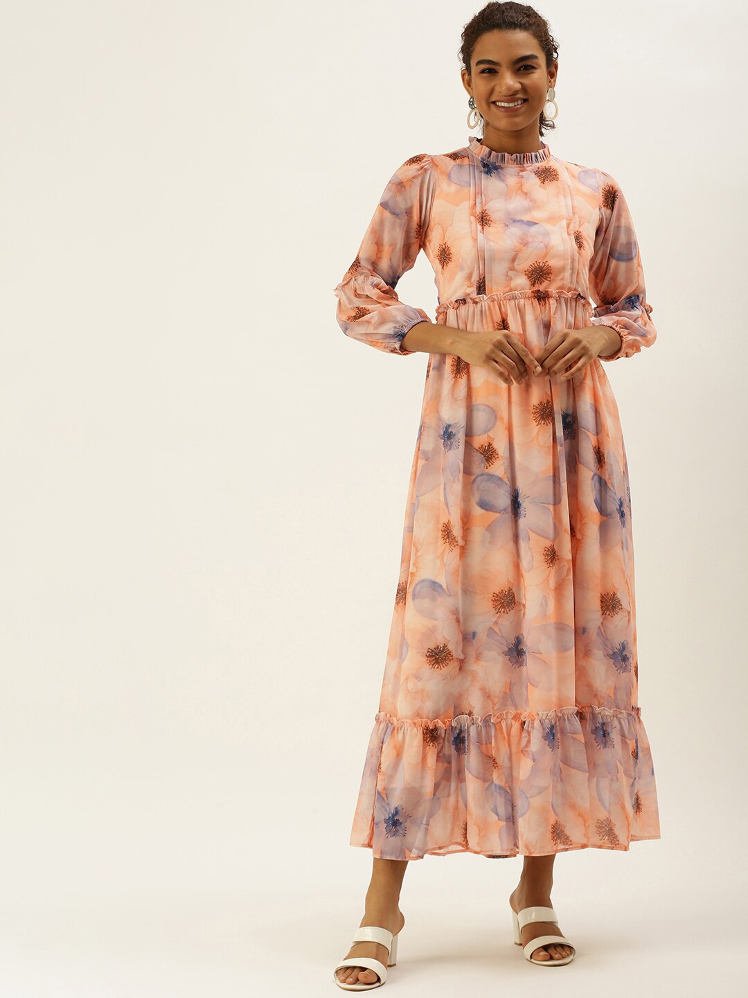 

Sangria Mock Neck Frill Floral Printed Fit & Flared Midi Dress, Peach