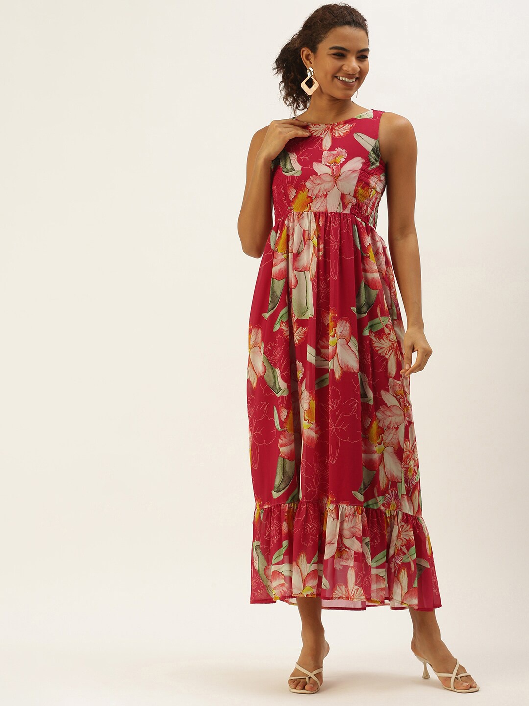 

Sangria Floral Printed Smocked Detail Boat Neck Flounce Fit & Flared Dress, Red