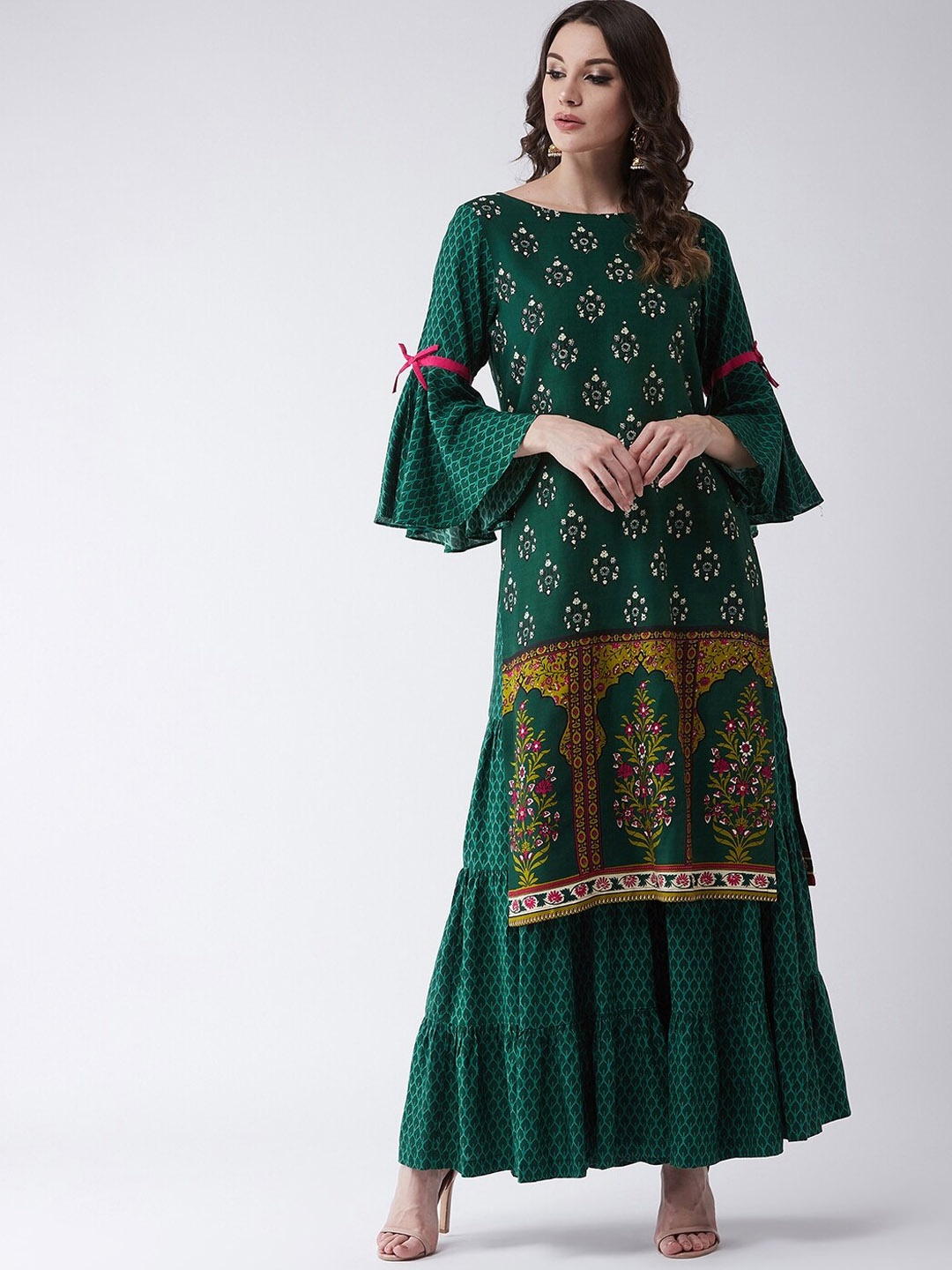 

Pannkh Ethnic Motifs Printed Bell Sleeves Kurta with Sharara, Green